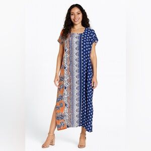 Boho Patchwork Maxi Dress Swim Cover-Up Blue Orange Print